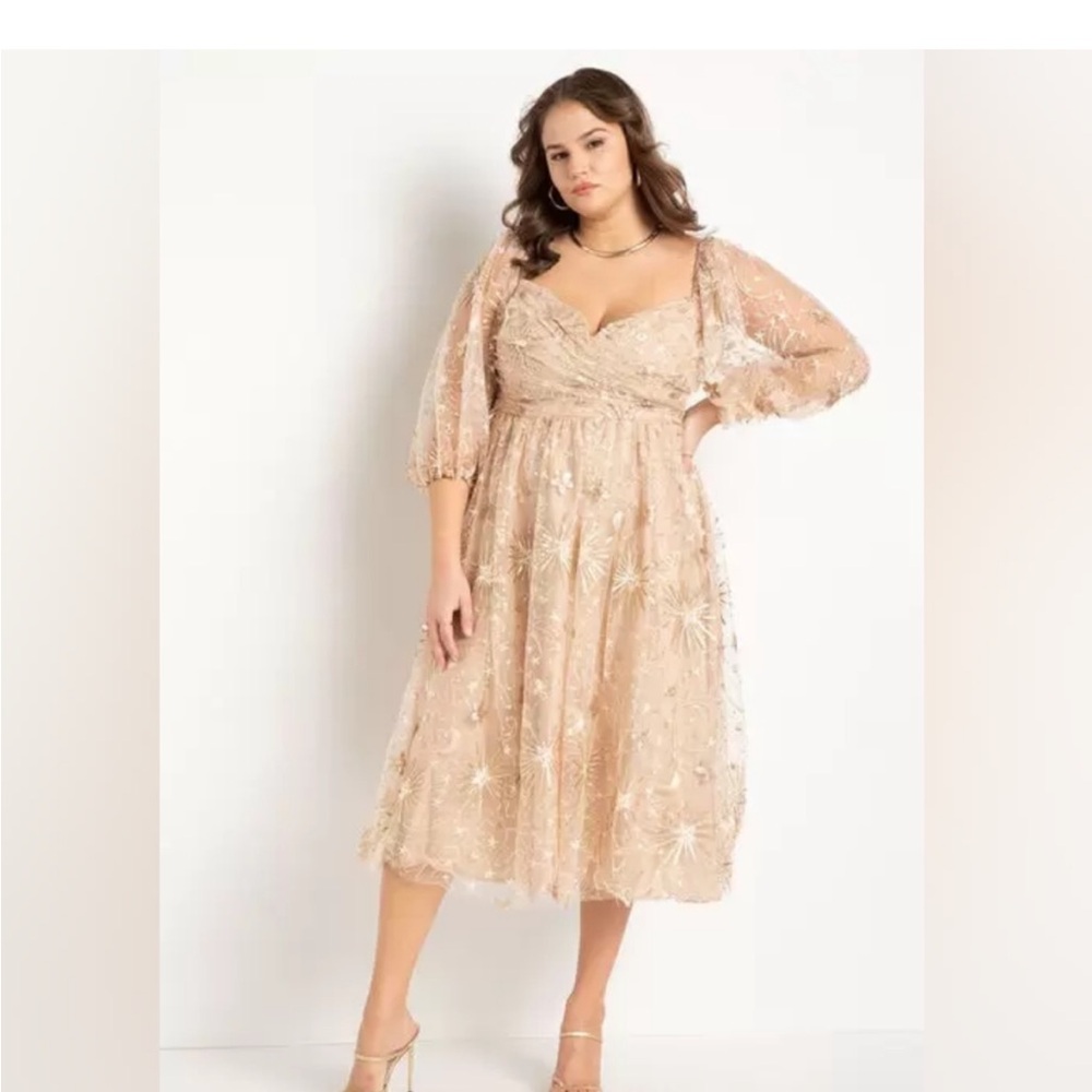 Eloquii Ruched Bodice Novelty Sequin Dress Gold on Cream.